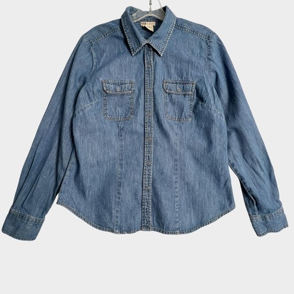 Faded Glory Tops - Vintage Denim Blue Snap Front Shirt Long Sleeve Western Coastal Womens Large L